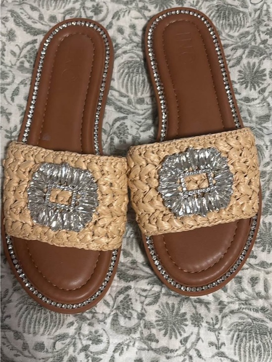 INC International Concepts Shoes - INC Woven Straw Slide Sandals with Silver Bead Accent - Women's